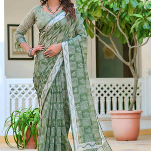 Light Green Floral Printed Linen Saree