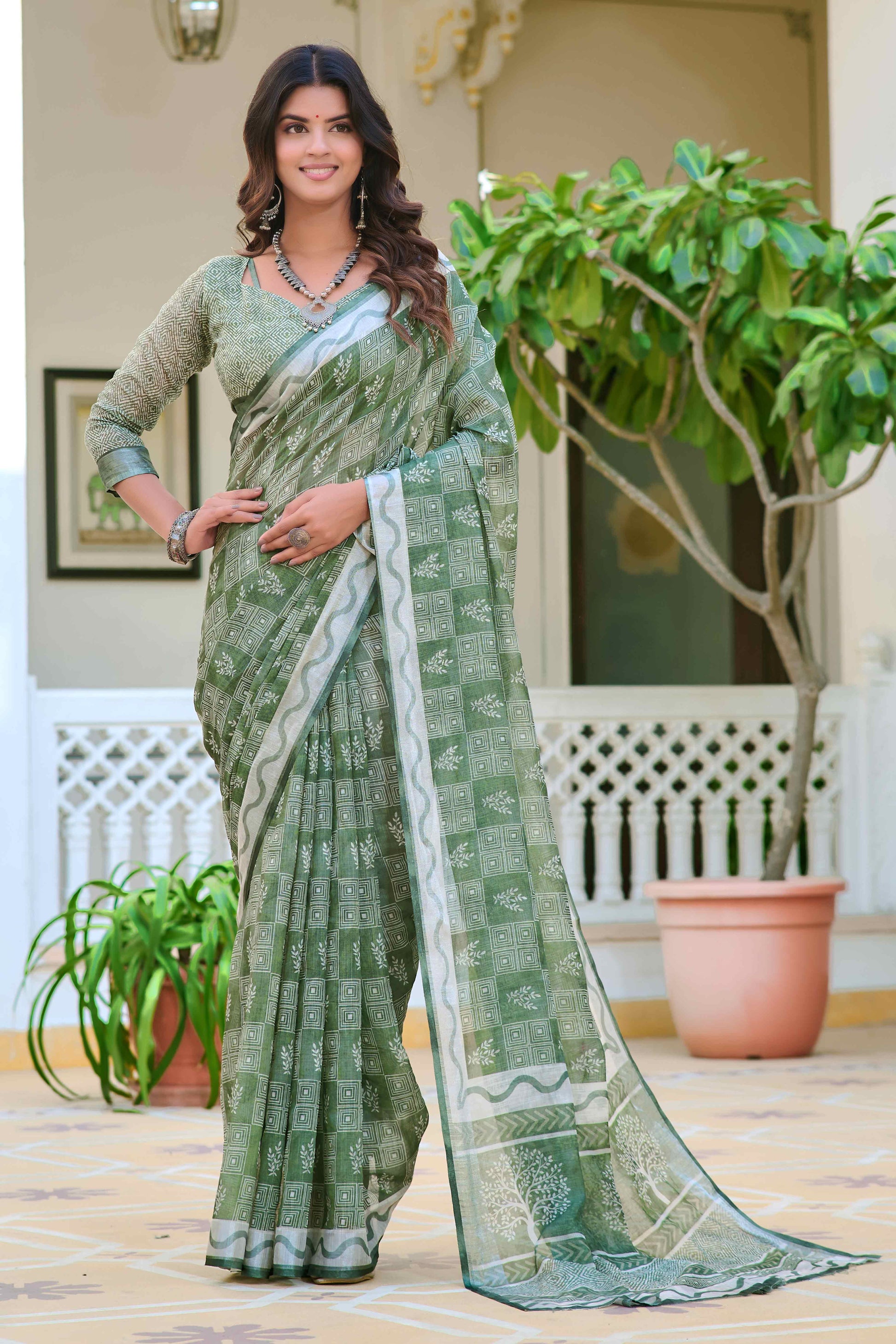 Light Green Floral Printed Linen Saree