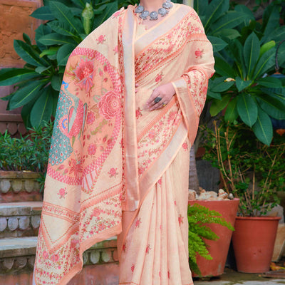 Light Peach Floral Printed Linen Saree