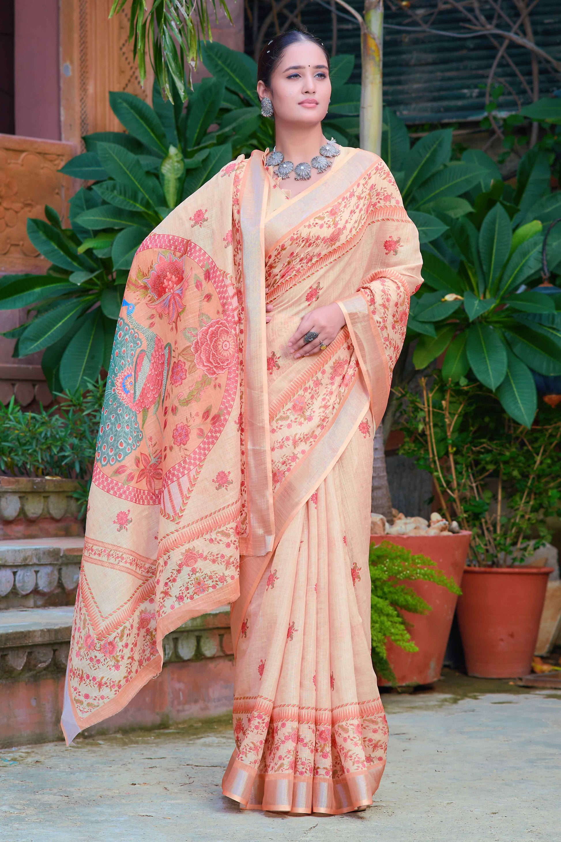 Light Peach Floral Printed Linen Saree