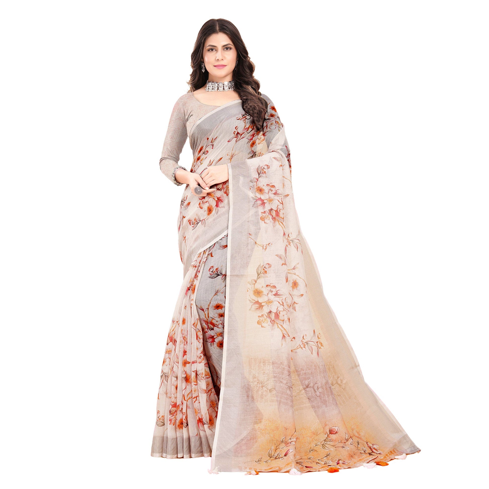 Cream Printed Linen Saree