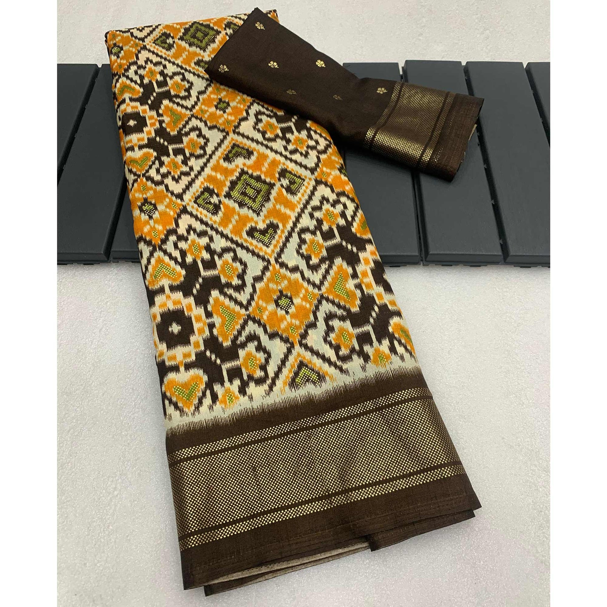 Brown Patola Printed Dola Silk Saree