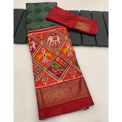 Dark Green & Red Patola Printed Dola Silk Saree