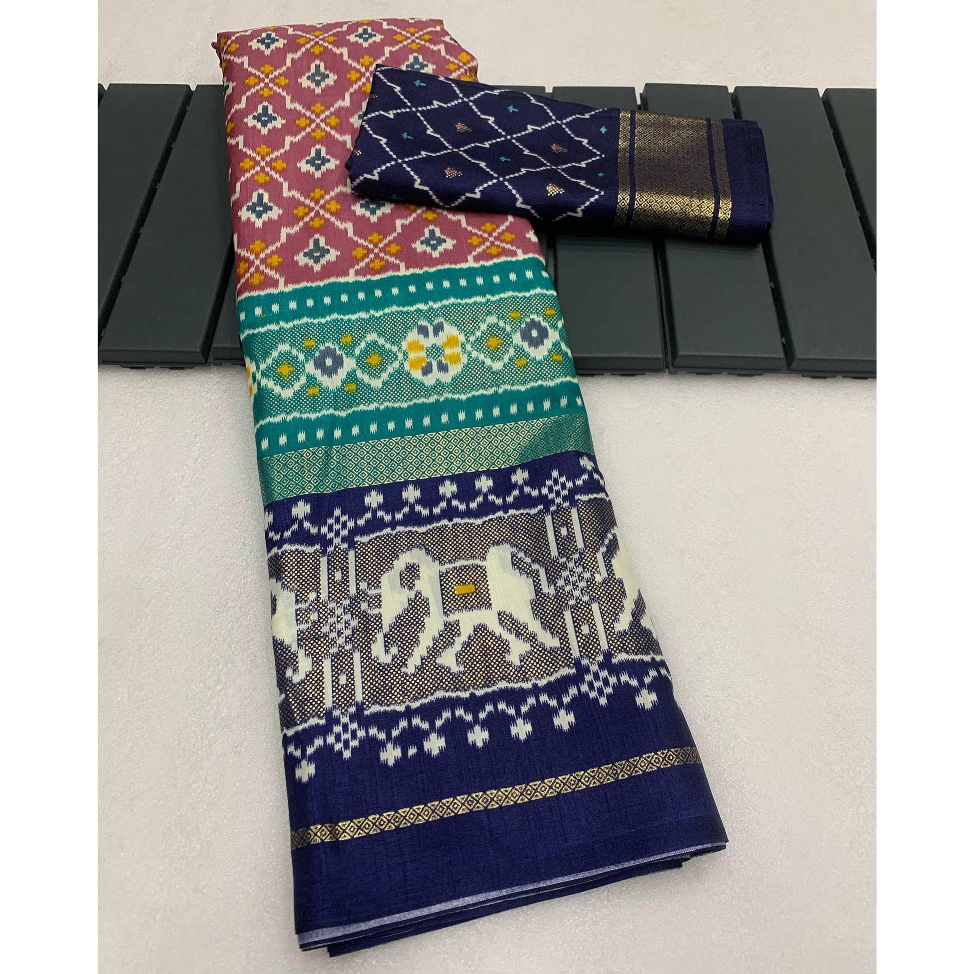 Mauve & Blue Patola Printed Dola Silk Saree