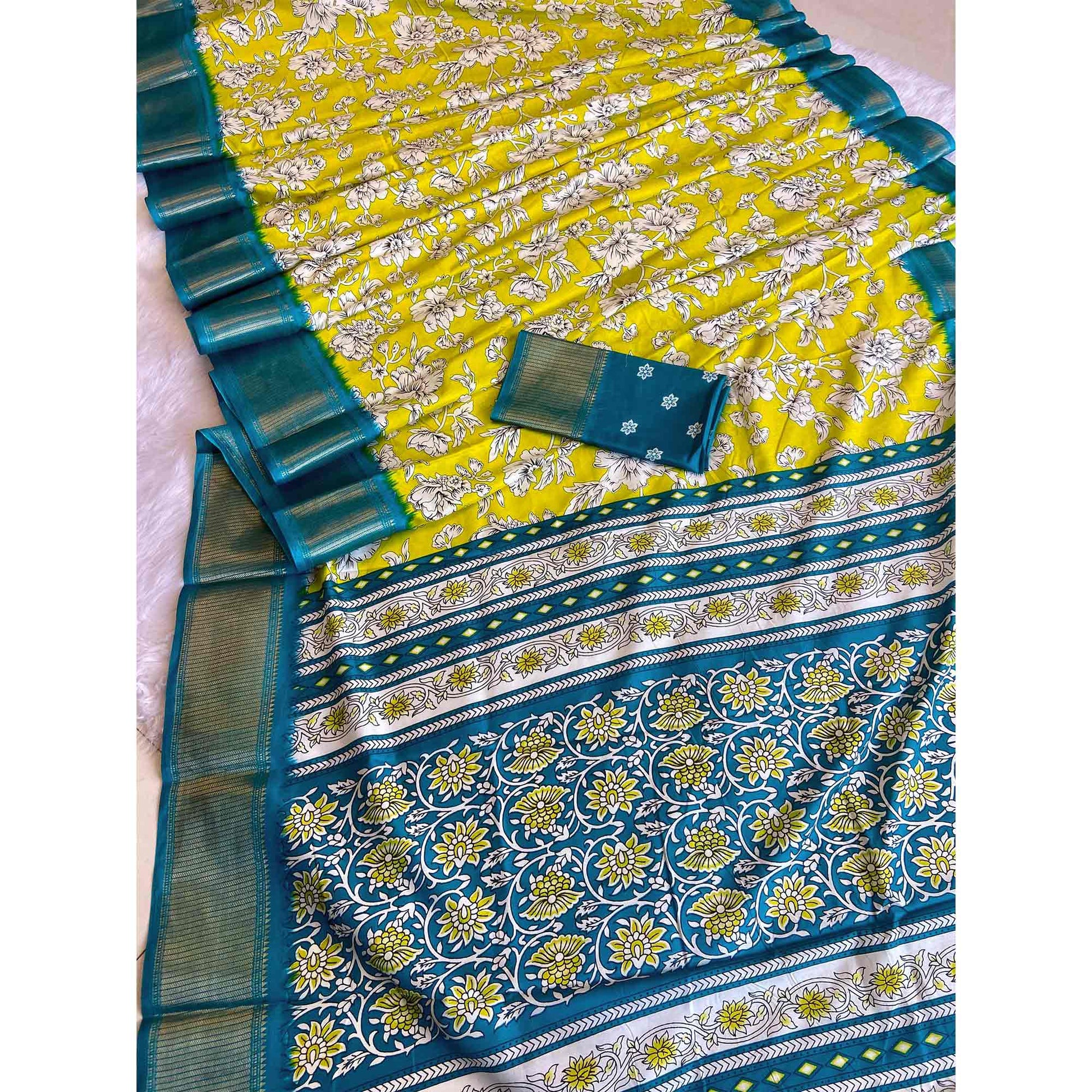 Lemon Yellow & Rama Floral Printed Dola Silk Saree With Woven Border