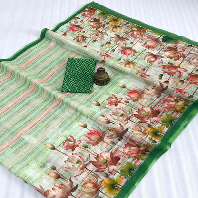 green-floral-printed-linen-saree-2