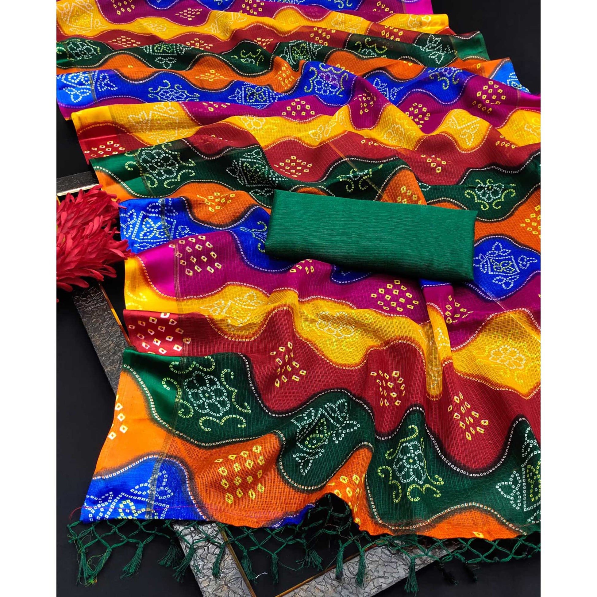 Multicolor Bandhani Printed Georgette Saree With Tassels