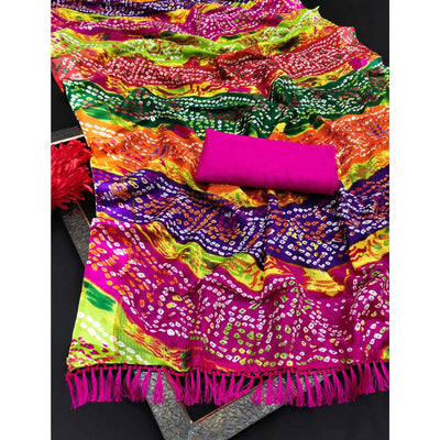 Multicolor Bandhani Printed Georgette Saree With Tassels