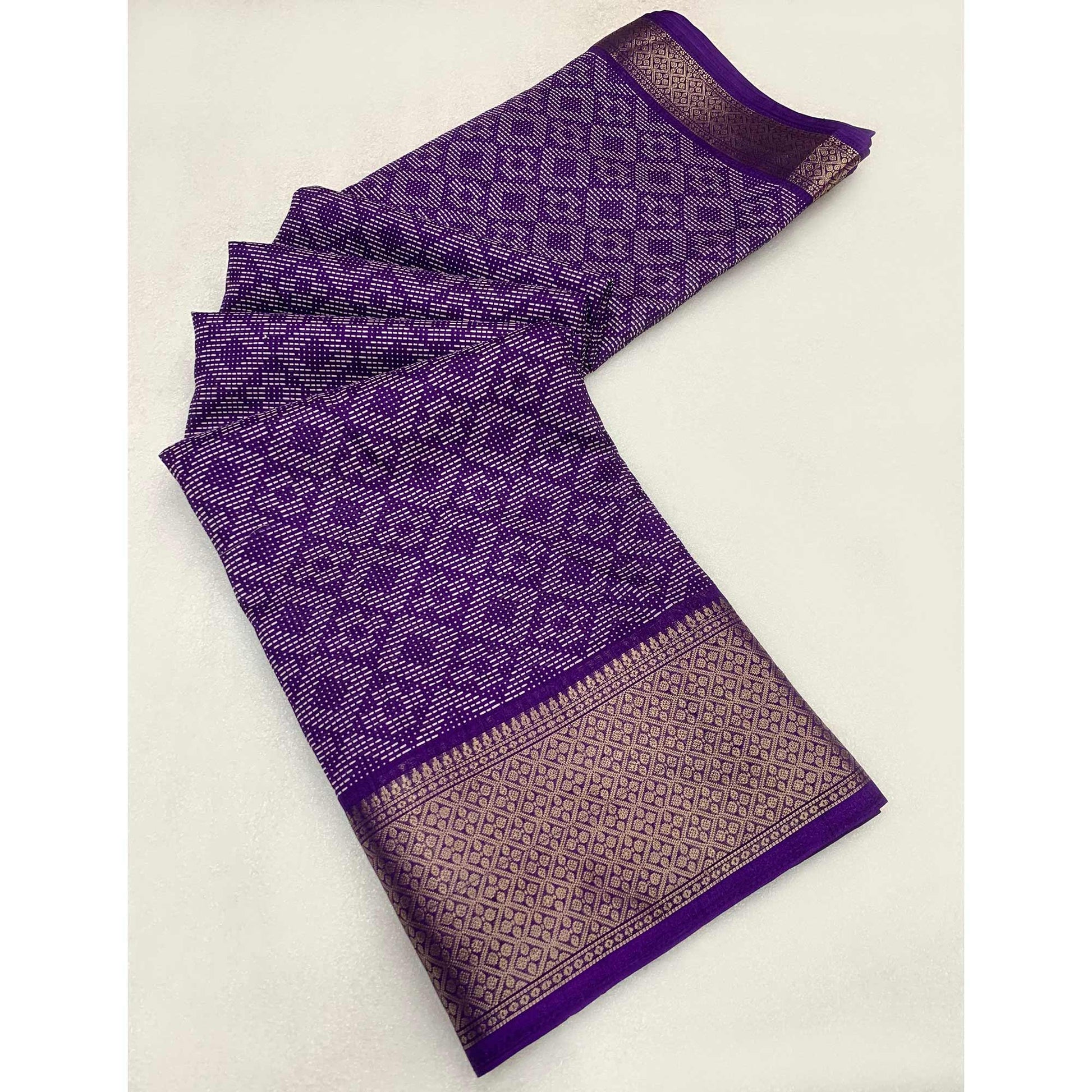 Lavender Printed Dola Silk Saree With Zari Border