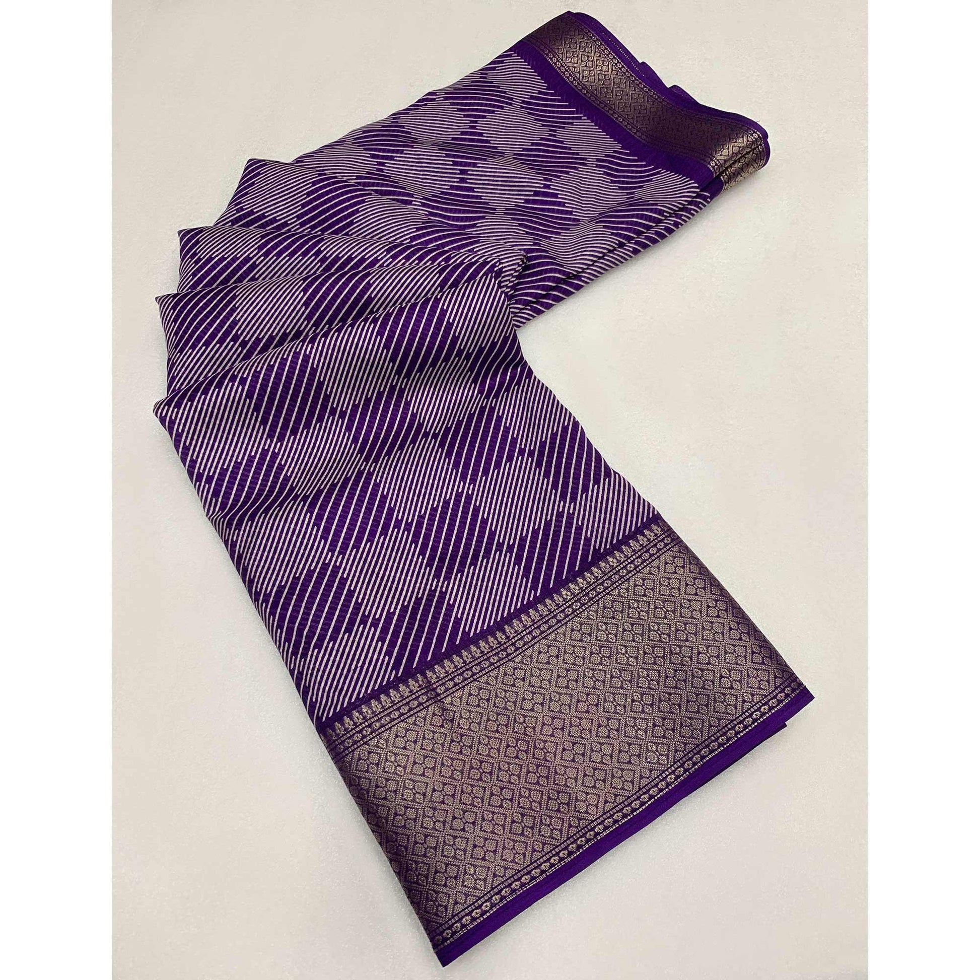 Lavender Printed Dola Silk Saree With Zari Border