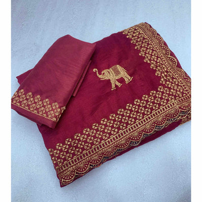 Maroon Embroidered Vichitra Silk Saree