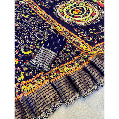 Blue Warli Printed Dola Silk Saree With Sequins Border
