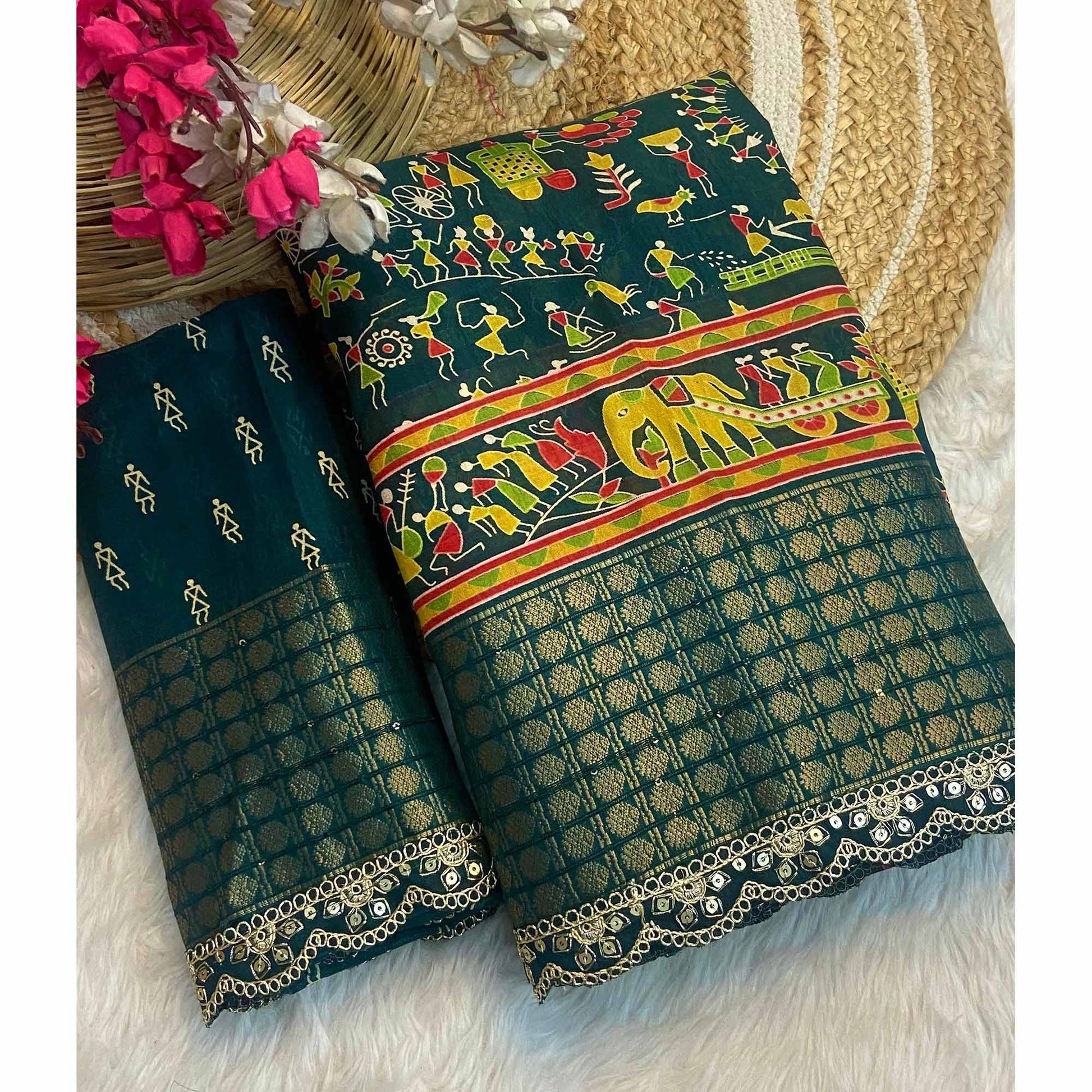 green-warli-printed-dola-silk-saree-with-sequins-border