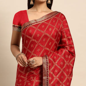 Maroon Bandhani Foil Printed Vichitra Silk Saree
