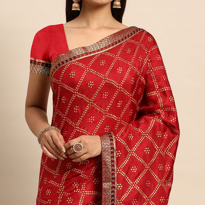 Maroon Bandhani Foil Printed Vichitra Silk Saree