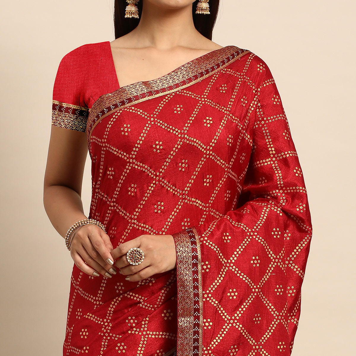 Maroon Bandhani Foil Printed Vichitra Silk Saree