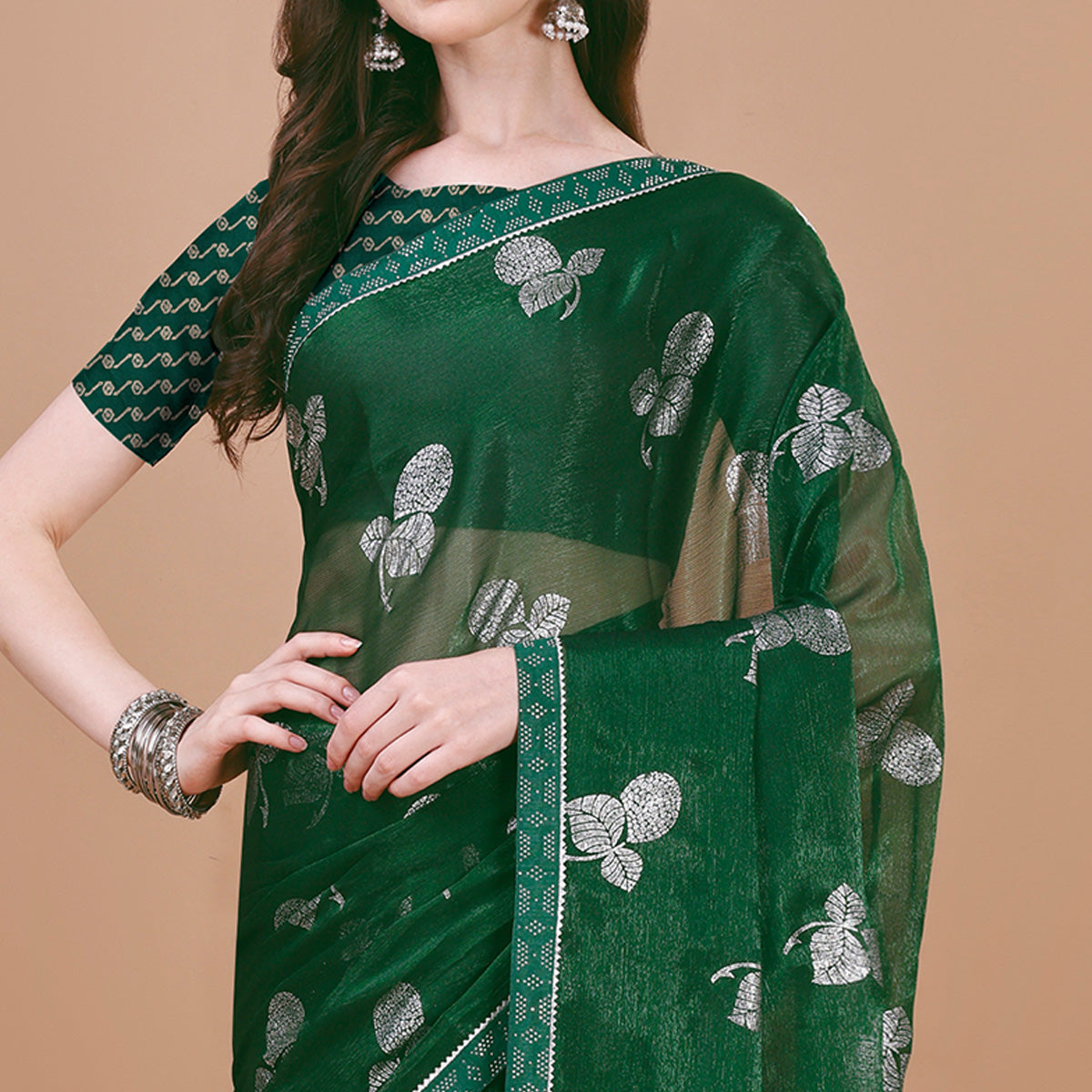 green-floral-foil-printed-chiffon-saree