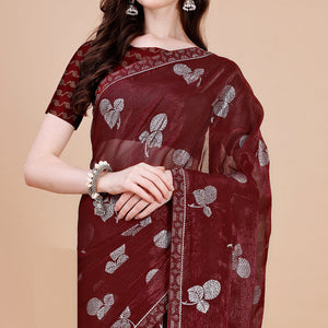 Maroon Floral Foil Printed Chiffon Saree