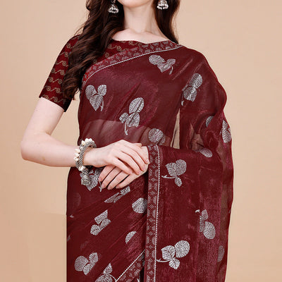 Maroon Floral Foil Printed Chiffon Saree