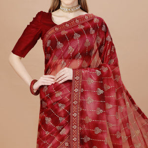 Maroon Foil Printed Lycra Saree With Lace Border