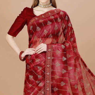 Maroon Foil Printed Lycra Saree With Lace Border