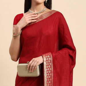 Maroon Solid Vichitra Silk Saree With Zari Border