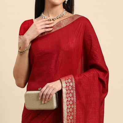 Maroon Solid Vichitra Silk Saree With Zari Border