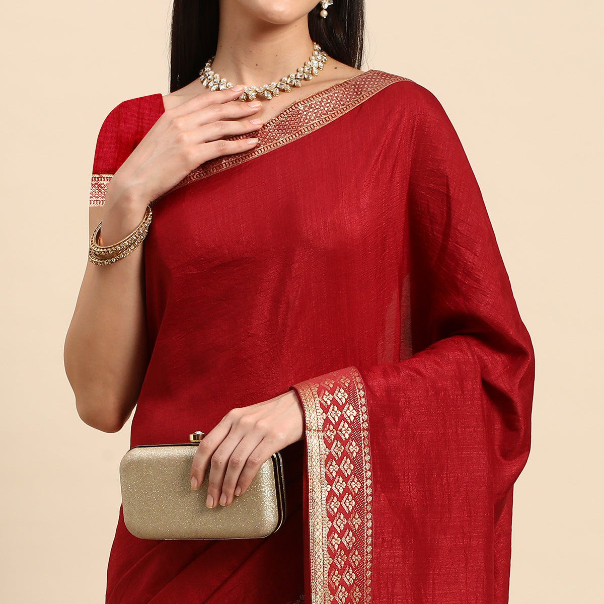 Maroon Solid Vichitra Silk Saree With Zari Border