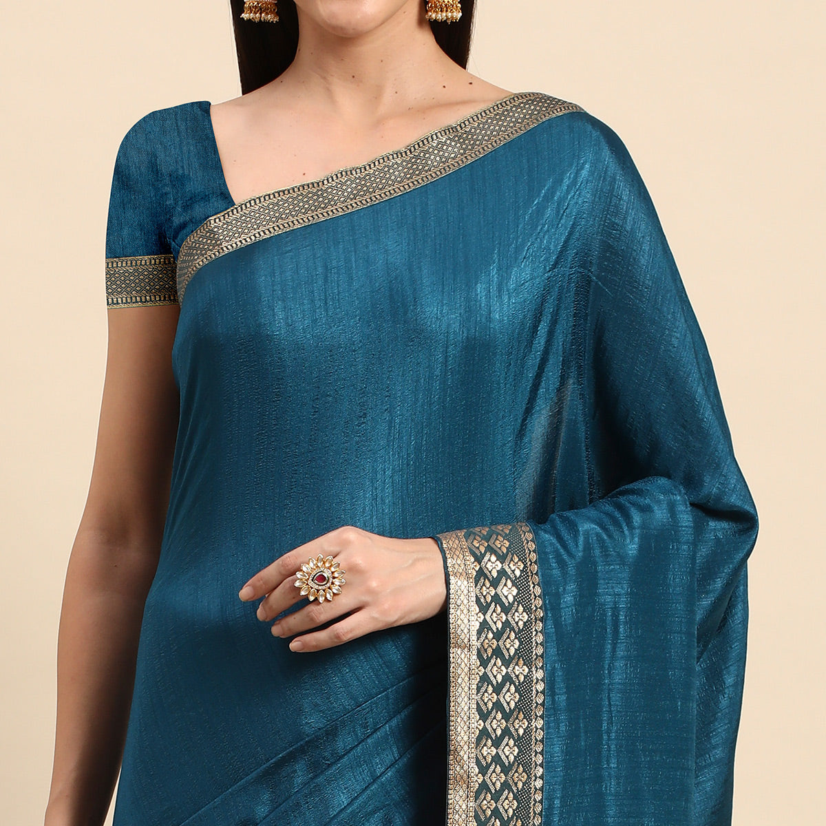 Blue Solid Vichitra Silk Saree With Zari Border