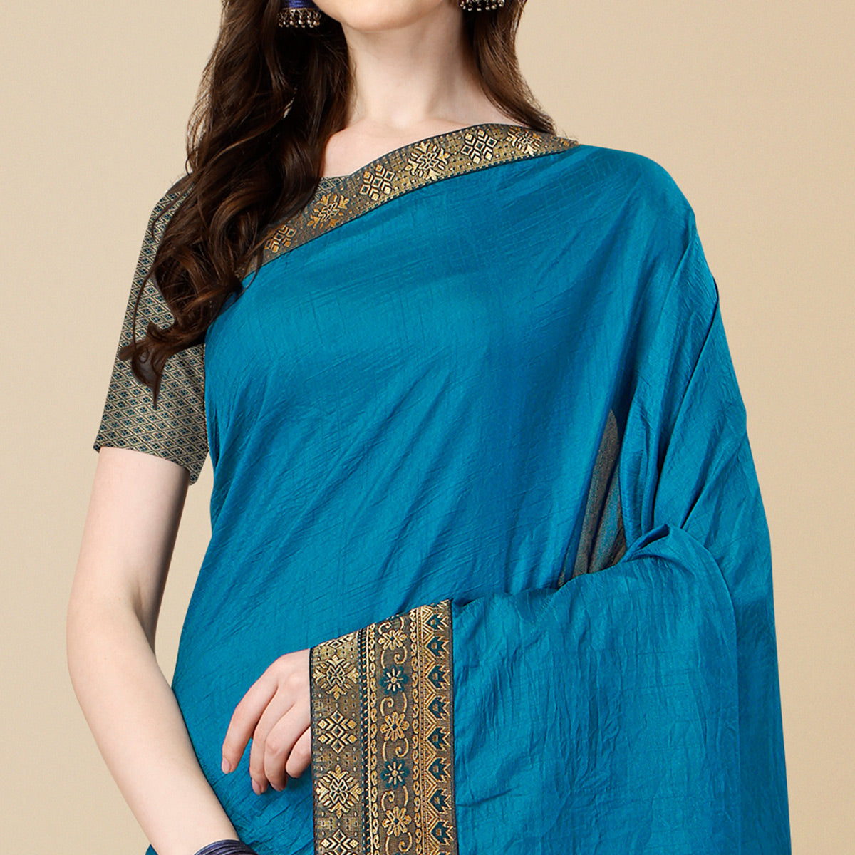 Blue Solid Vichitra Silk Saree