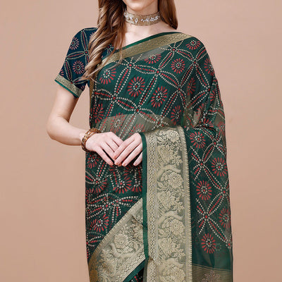 green-bandhani-printed-organza-saree-with-woven-border