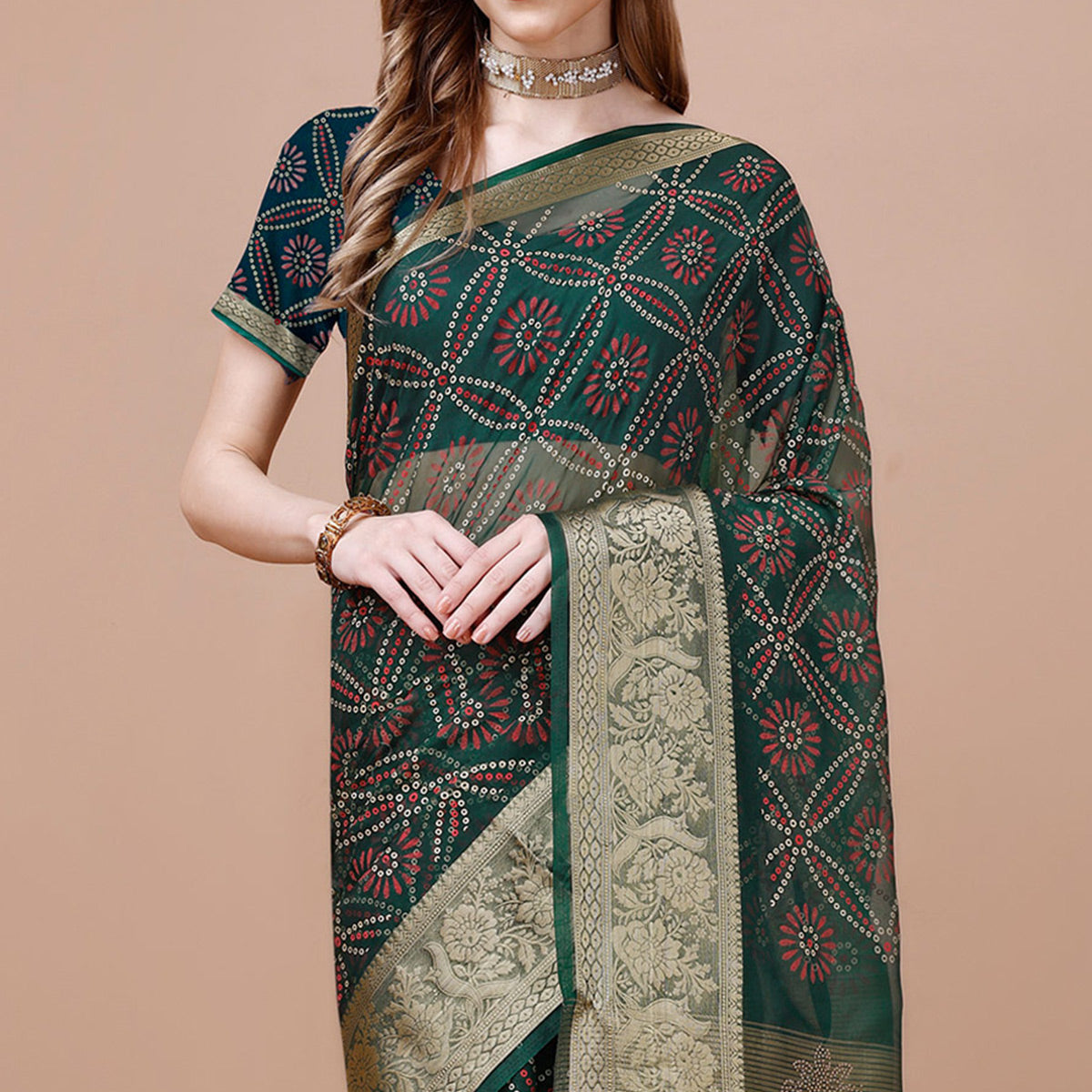 green-bandhani-printed-organza-saree-with-woven-border