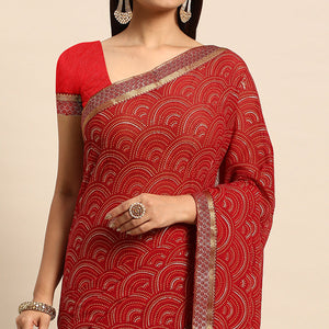 Maroon Foil Printed Chiffon Saree With Tassels