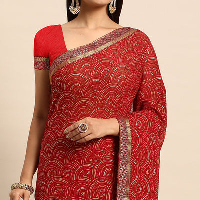 Maroon Foil Printed Chiffon Saree With Tassels