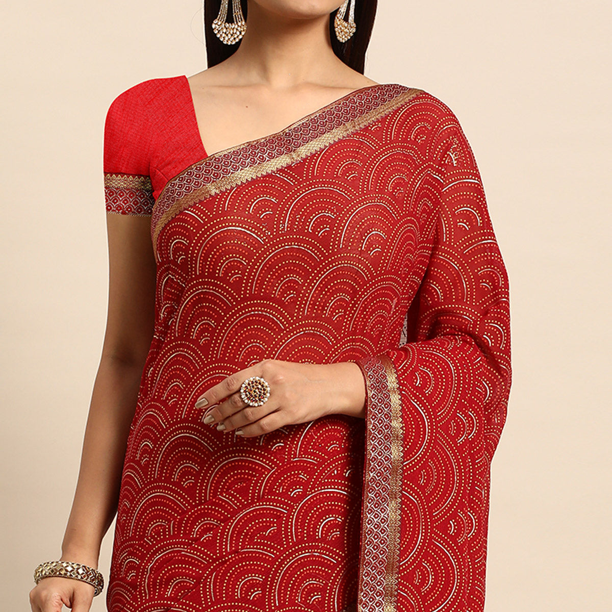 Maroon Foil Printed Chiffon Saree With Tassels