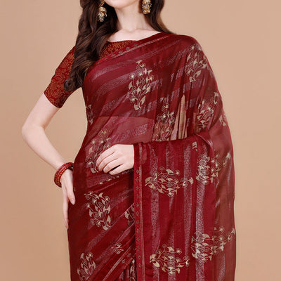 Maroon Foil Printed Chiffon Saree With Lace Border