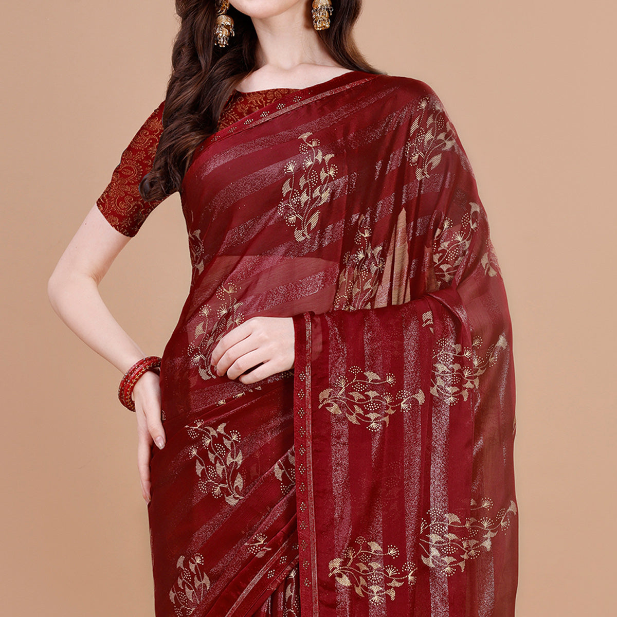 Maroon Foil Printed Chiffon Saree With Lace Border