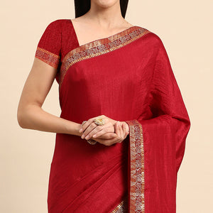 Maroon Swarovski Work Vichitra Silk Saree With Fancy Border