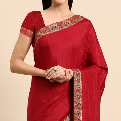 Maroon Swarovski Work Vichitra Silk Saree With Fancy Border