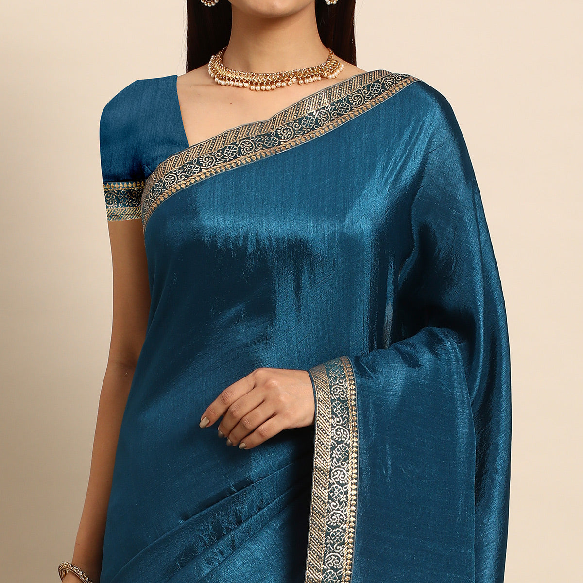 Blue Swarovski Work Vichitra Silk Saree With Fancy Border