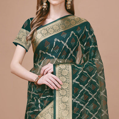 green-bandhani-printed-organza-saree-with-woven-border-2