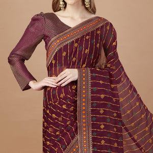 Maroon Foil Printed Chiffon Saree With Lace Border