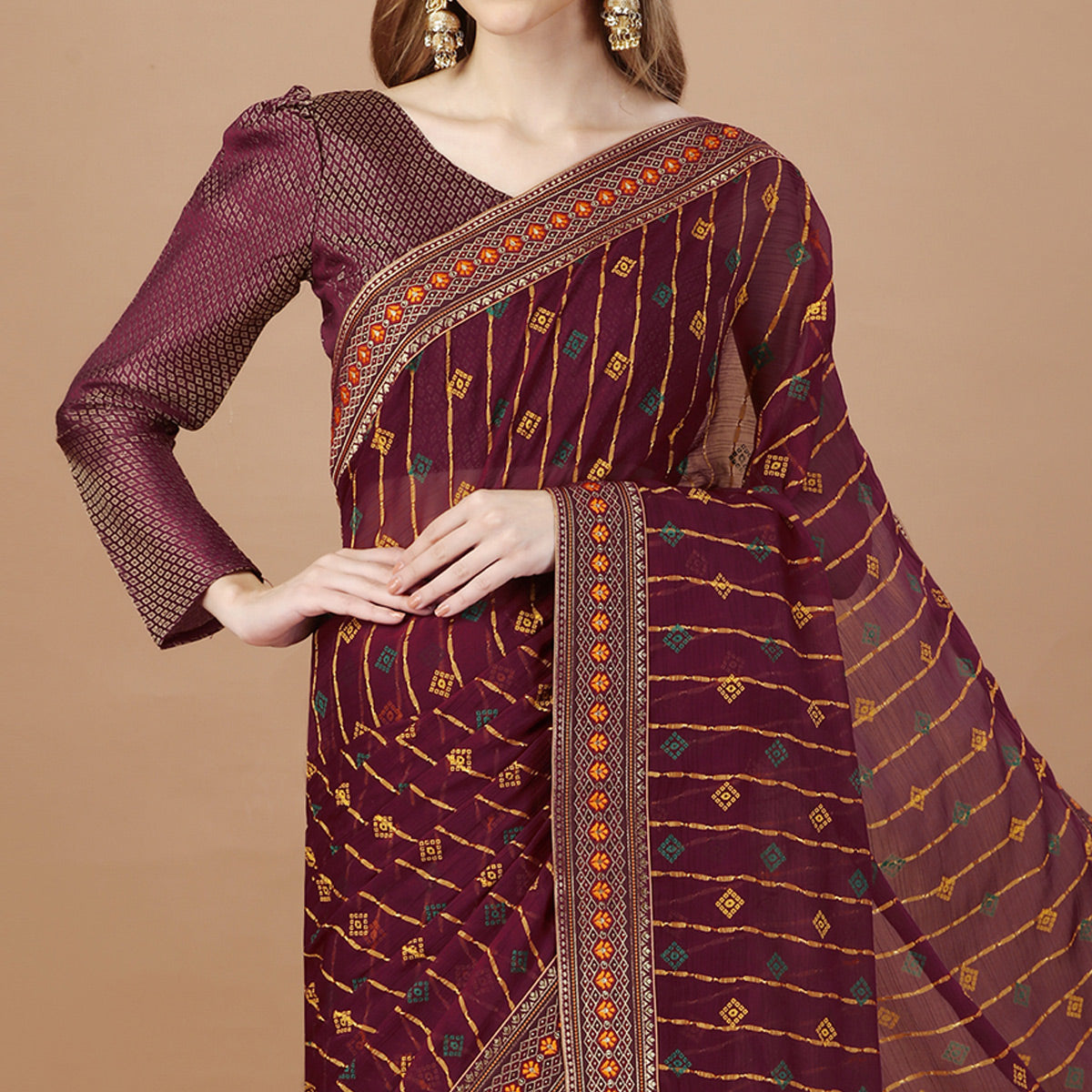 Maroon Foil Printed Chiffon Saree With Lace Border