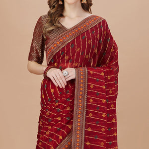 Maroon Foil Printed Chiffon Saree With Lace Border