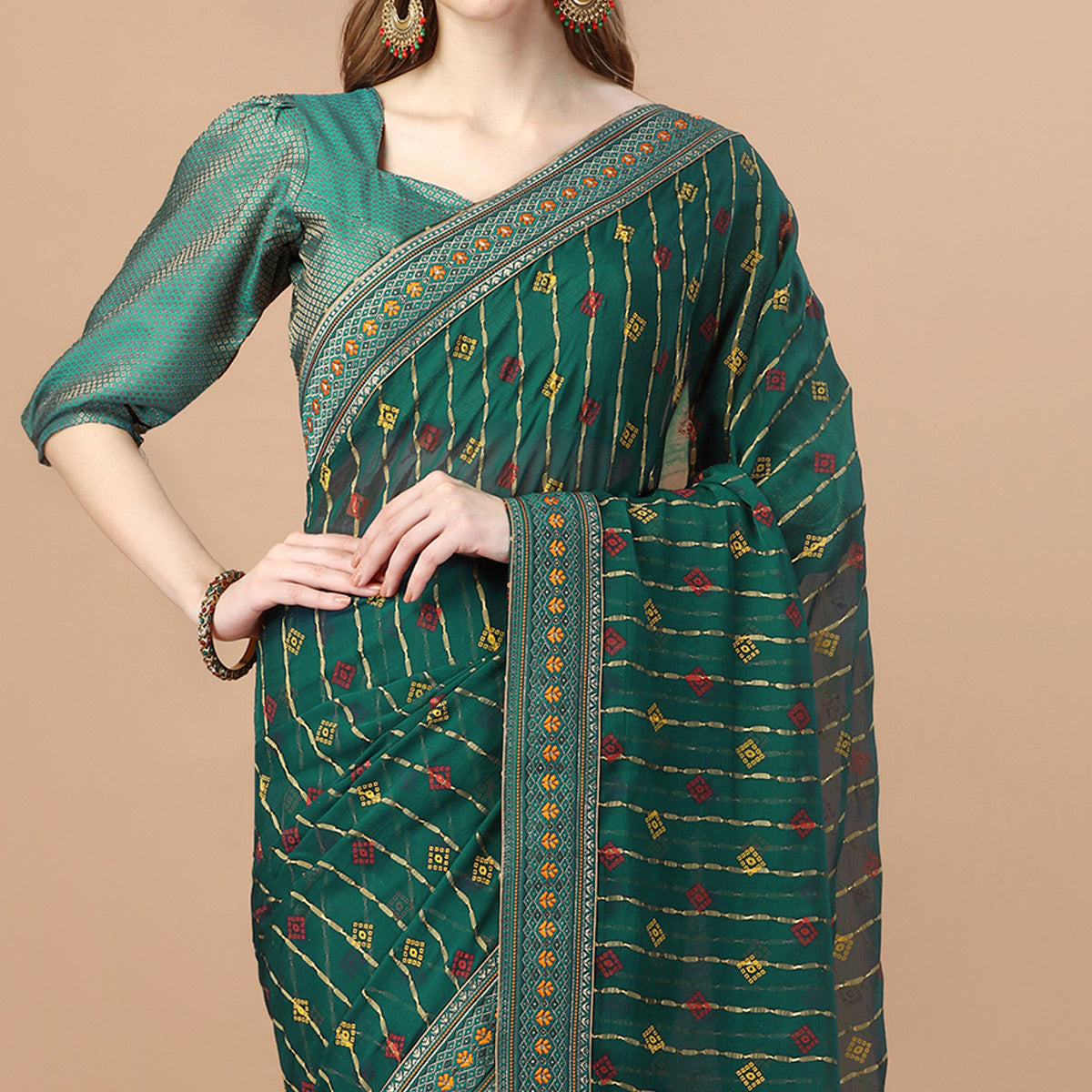 green-foil-printed-chiffon-saree-with-lace-border-1