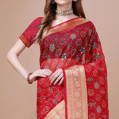 Dark Red Bandhani Printed Organza Saree With Woven Border