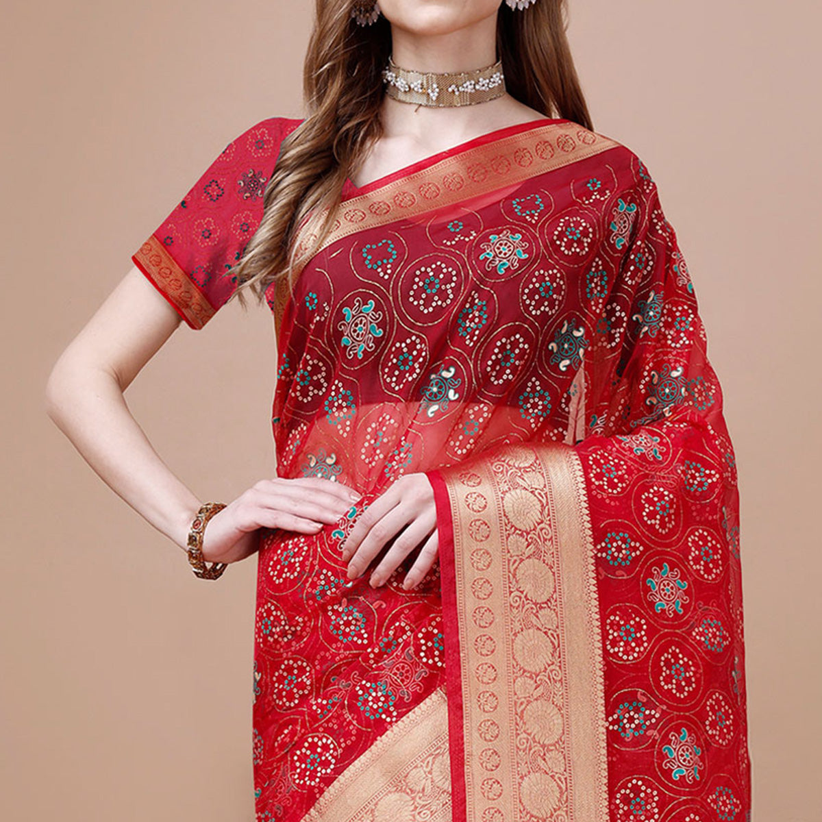 Dark Red Bandhani Printed Organza Saree With Woven Border