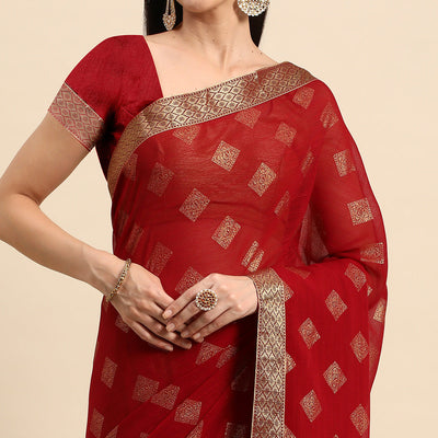 Maroon Foil Printed Chiffon Saree With Tassels