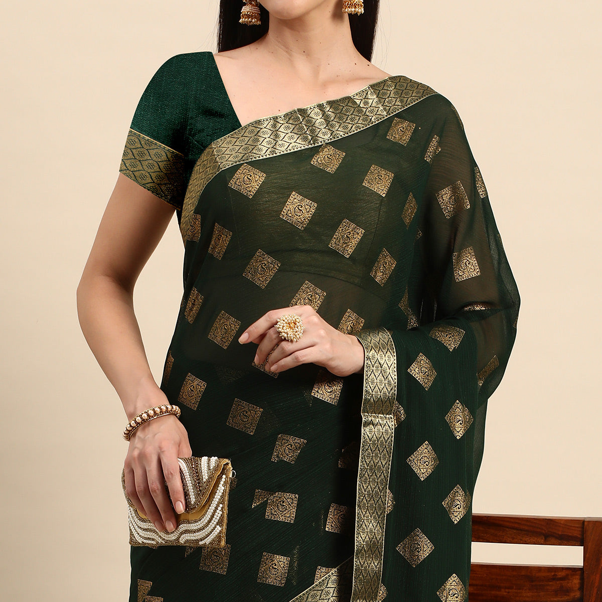 green-foil-printed-chiffon-saree-with-tassels-1