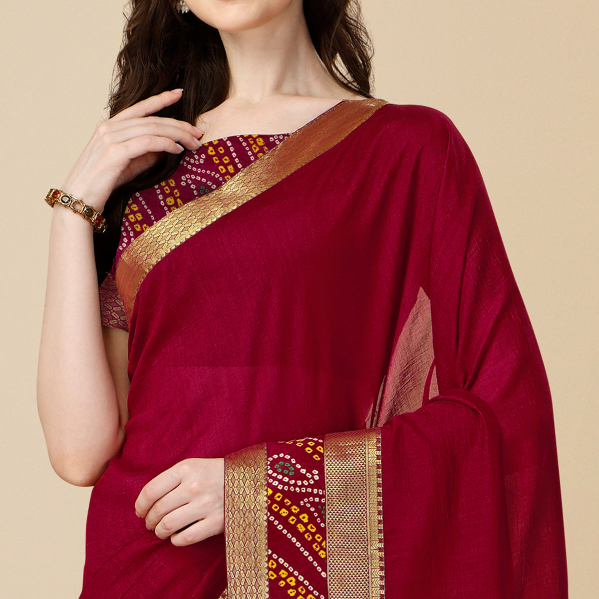 Maroon Solid Vichitra Silk Saree